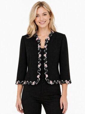 Nipon Boutique Black White Pink Floral Ribbon Trim Blazer